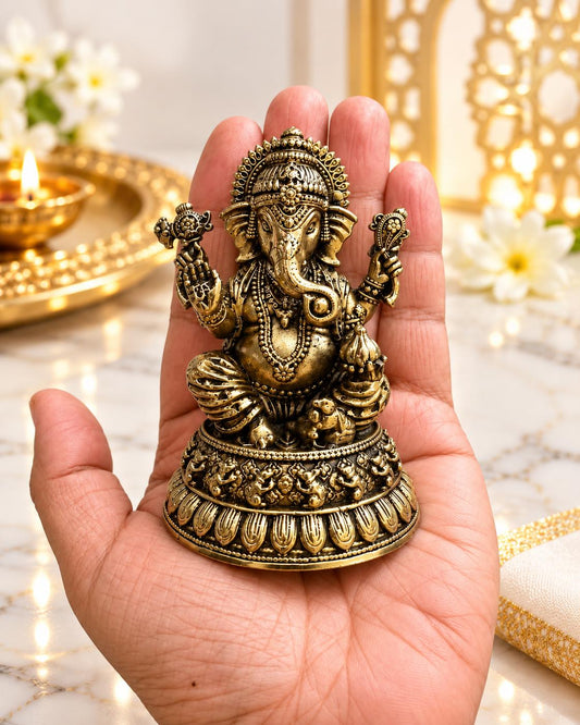 Solid Brass God Ganesha Idol (3 Inches),Hindu God statue for Pooja Temple Decor