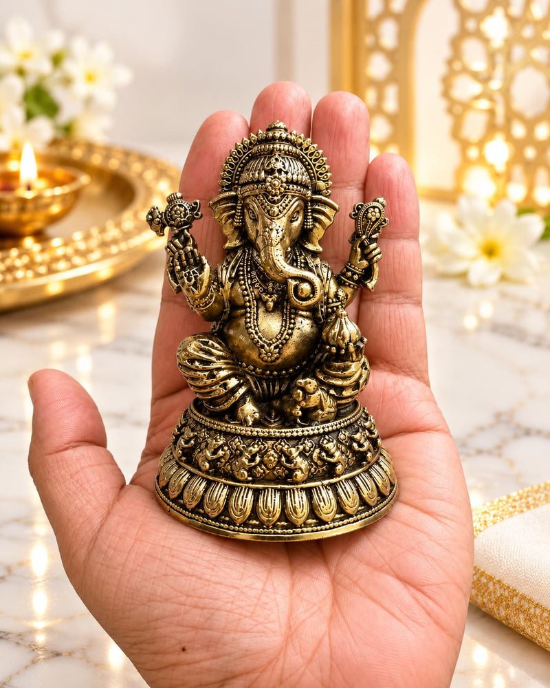 Solid Brass God Ganesha Idol (3 Inches),Hindu God statue for Pooja Temple Decor