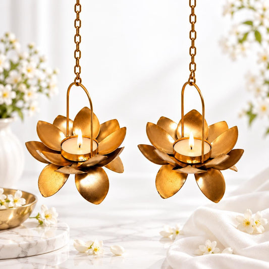 Handcrafted Gold Lotus Tealight Holder, 13 Inch Hanging Candle Decor (2 Piece)