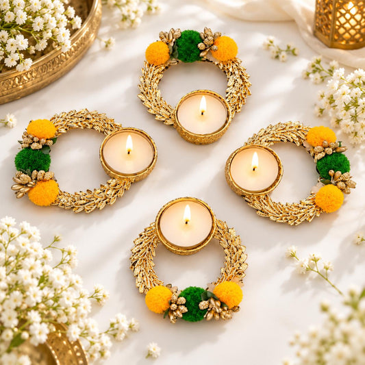 Gold Floral Pom-Pom Tealight Holder | 4-Inch Diwali Pooja Decor (200 pcs)