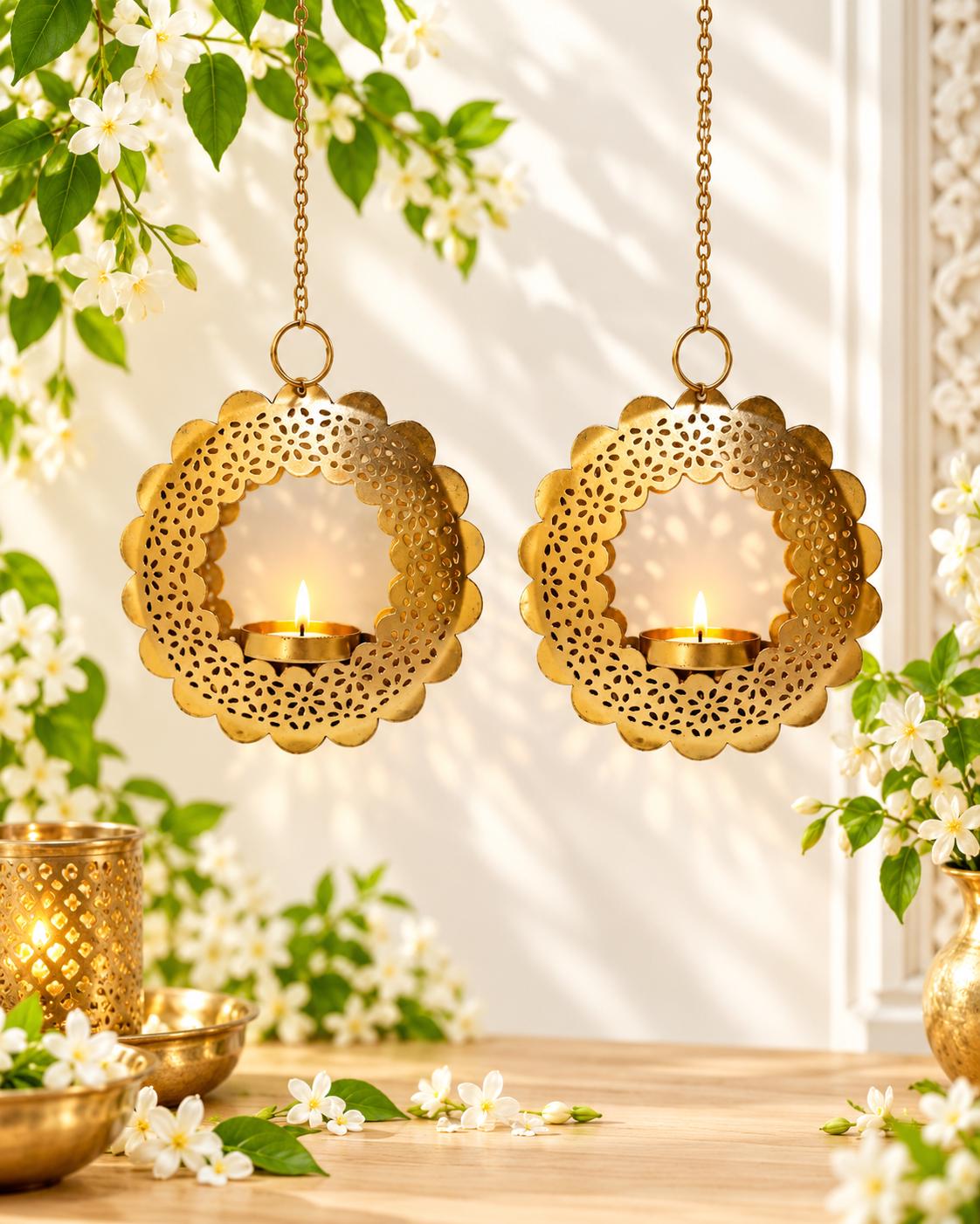 Gold Tone Floral Cutwork Hanging Tealight Holders (Set of 2) | Diwali Pooja Decor