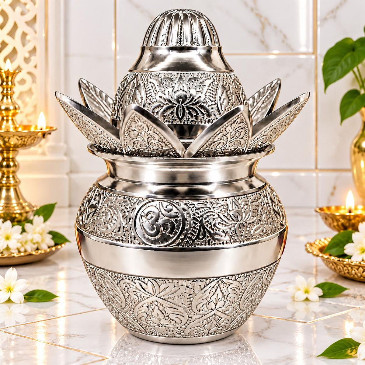 Engraved German Silver Pooja Kalash | Lotus Om Motif, Diwali Puja Decor (4.5*6.5 inches)