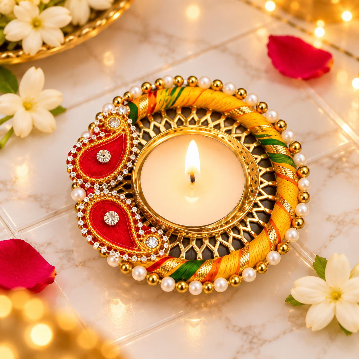 Handmade Peacock Diwali Candle Holders, Gold Tone Pearl Thread Diya Set (3.25 Inch)