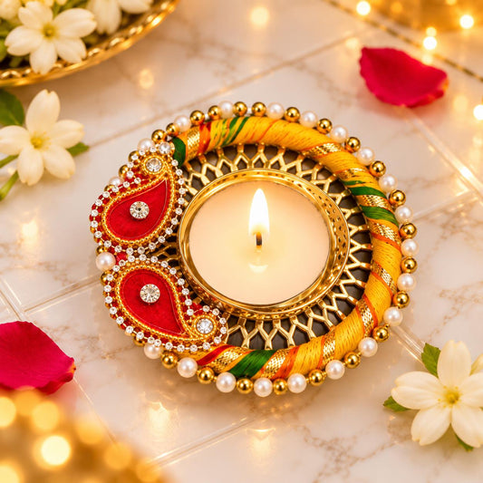 Handmade Peacock Diwali Candle Holders, Gold Tone Pearl Thread Diya Set (3.25 Inch)