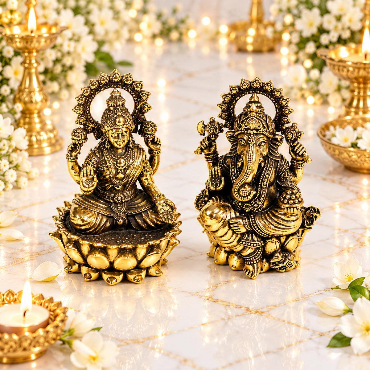 Brass Lakshmi Ganesha Idol For Home Mandir , 2x1 Inch, Home Temple Decor, Diwali Puja Essential