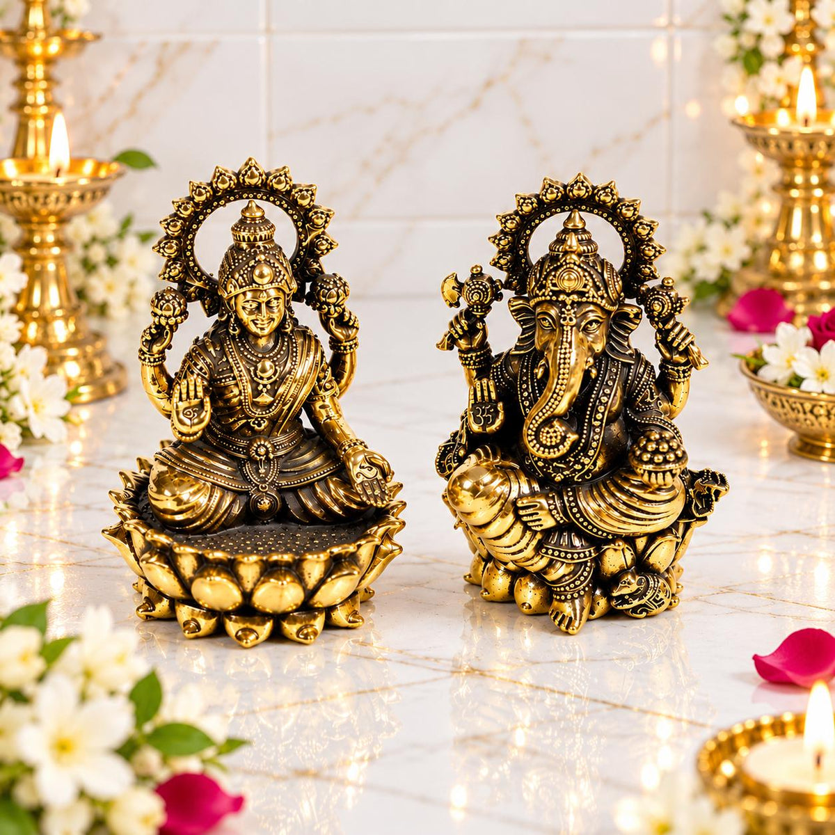 Brass Lakshmi Ganesha Idol For Home Mandir , 2x1 Inch, Home Temple Decor, Diwali Puja Essential